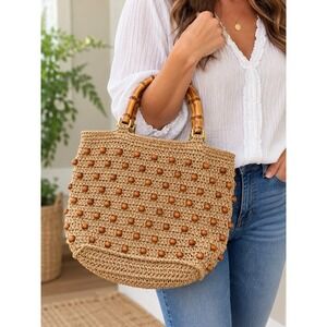 Vintage Straw Crochet Tote Bag Bamboo Handles Wood Beads Tan Boho Handbag